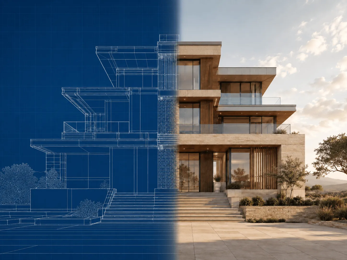 A split image transitioning from a blue architectural line drawing to a realistic 3D render of a modern luxury villa.