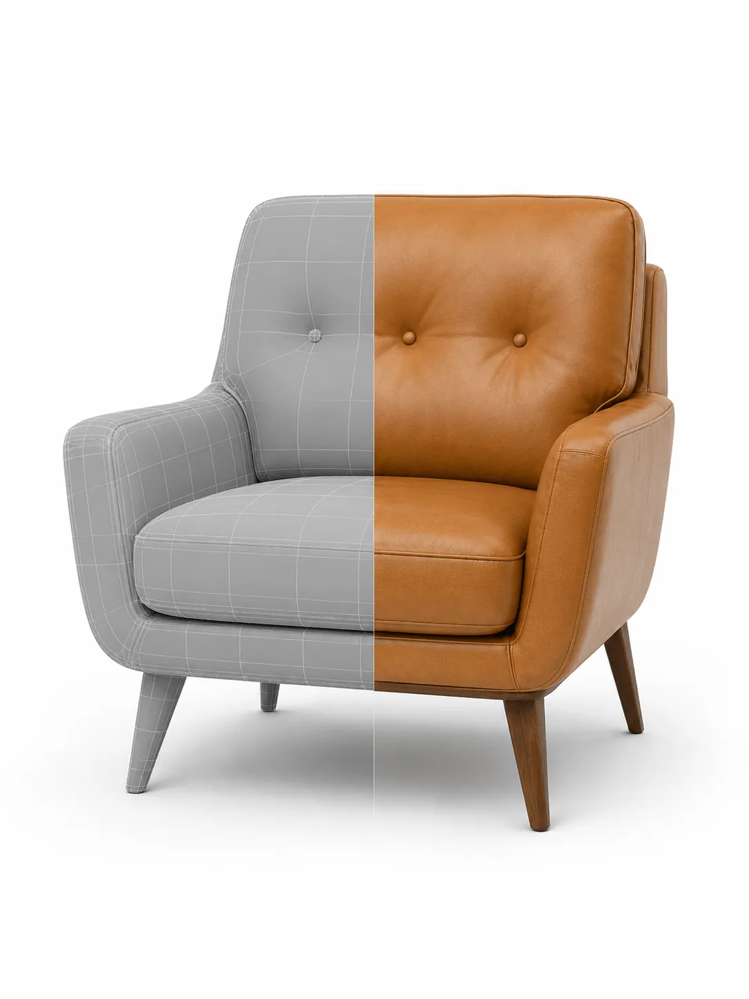 A mid-century modern leather armchair split vertically between a gray 3D wireframe mesh and a finished brown render.
