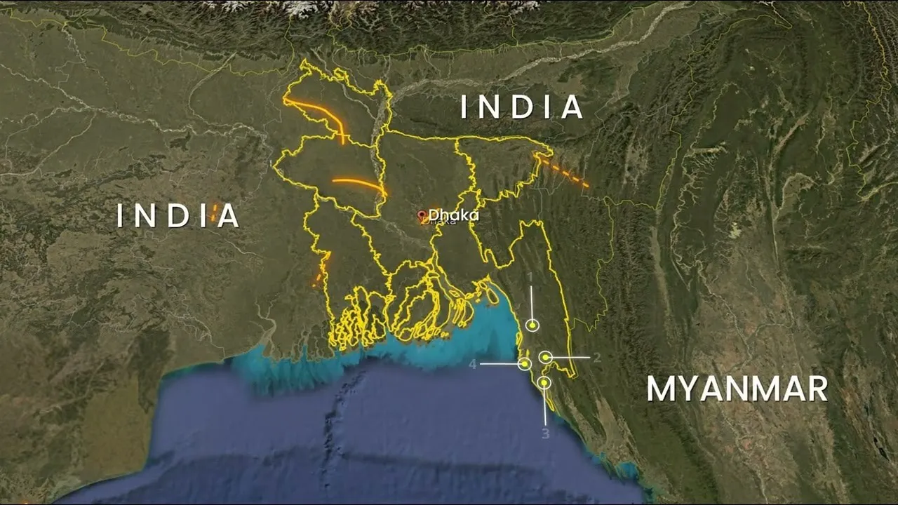 A satellite map showing the borders of Bangladesh highlighted in yellow, surrounded by India and Myanmar, with labeled coordinates
