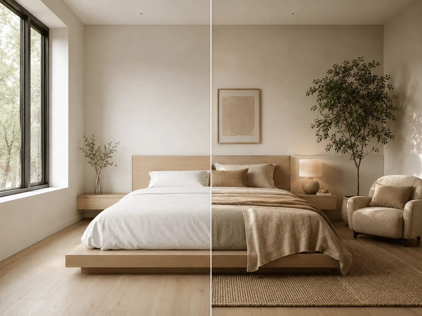 A side-by-side comparison of a minimalist bedroom, showing a bare setup on the left and a styled version on the right.