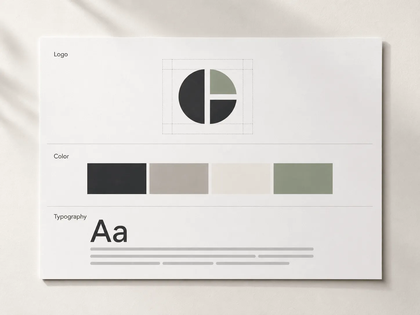 A brand style guide sheet showing a circular geometric logo grid, a four-color palette, and typography specifications.