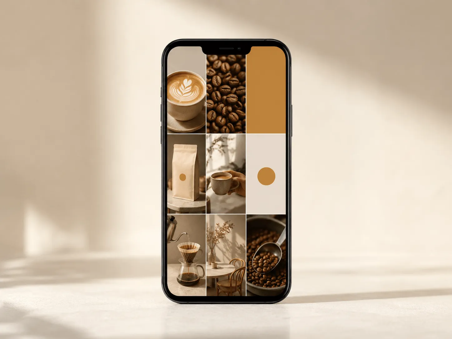 A smartphone displaying a curated social media grid with images of coffee latte art, coffee beans, and cafe interiors.