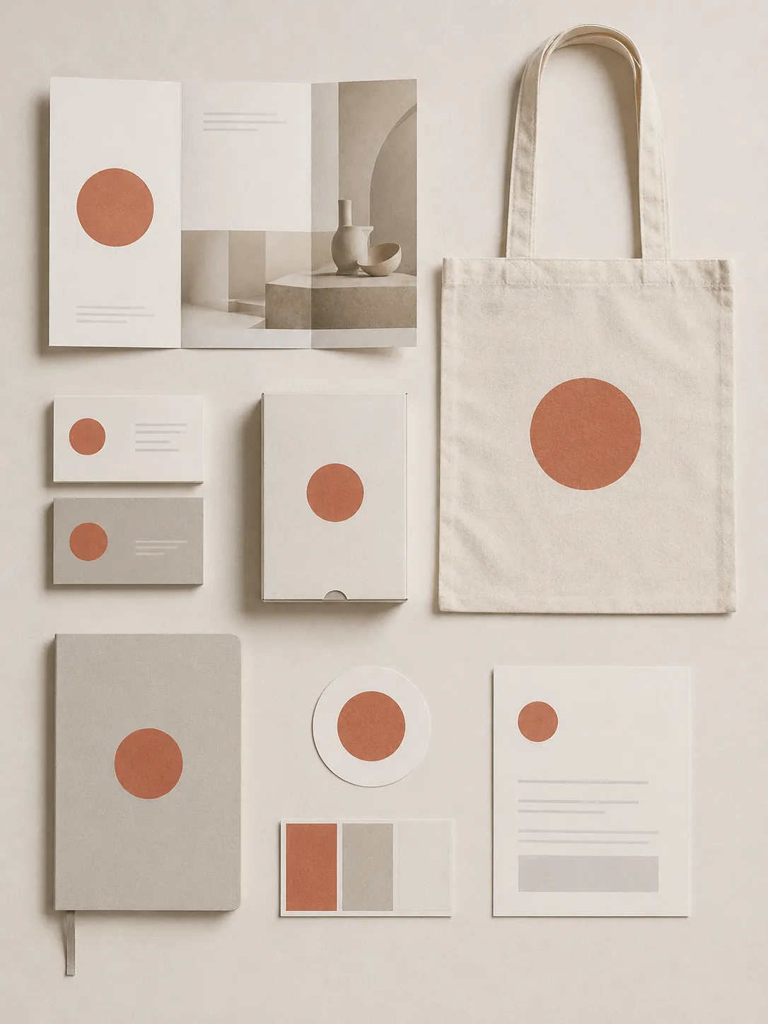 A flat lay of minimalist brand stationery including a tote bag, brochure, notebook, and boxes with an orange circle logo.