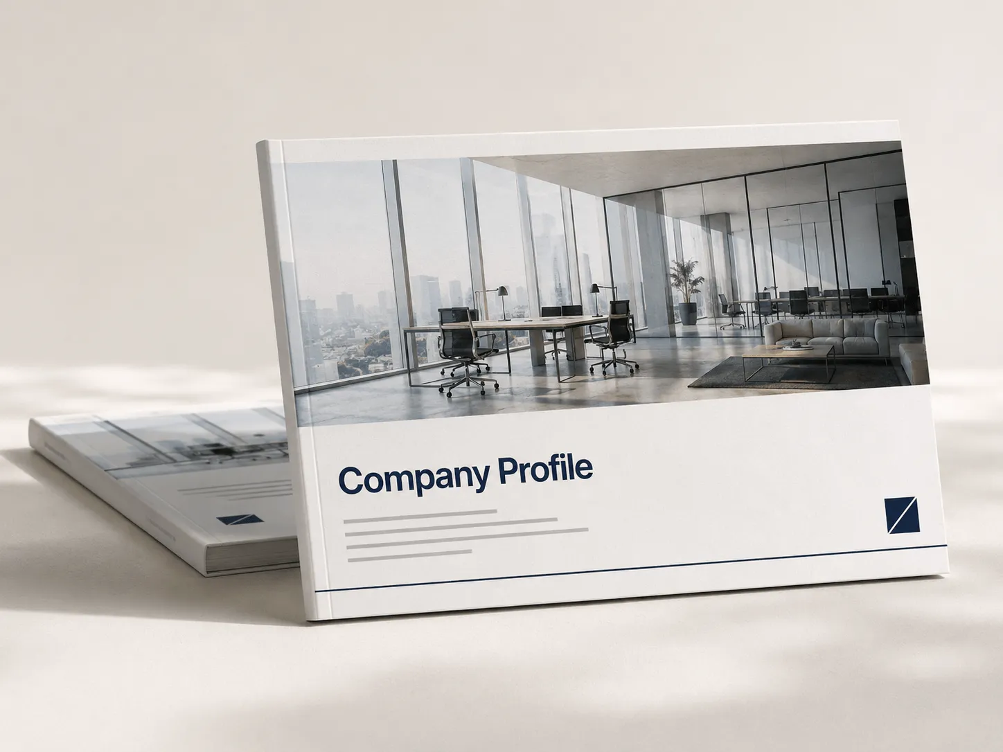A standing landscape brochure featuring a modern office interior render and the title Company Profile.