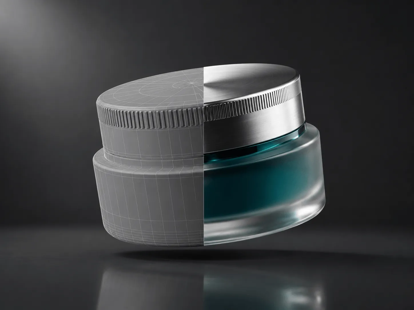 A floating cosmetic jar split between a 3D wireframe mesh on the left and a finished, metallic-capped glass render on the right