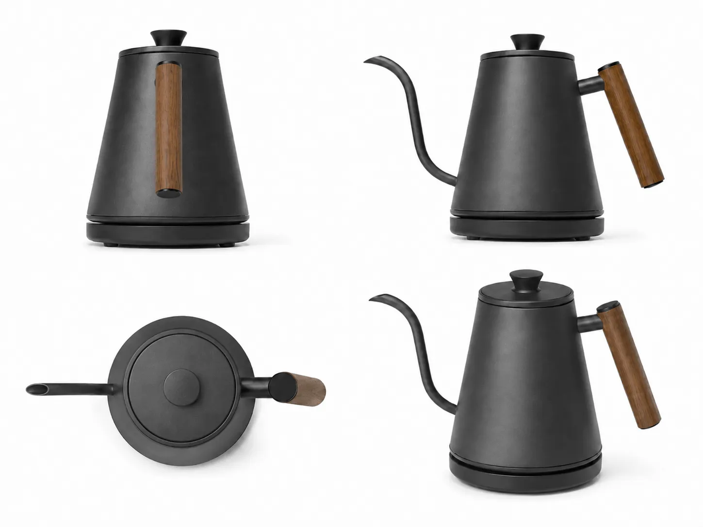 A product design grid showing a black electric gooseneck kettle from four different studio angles.
