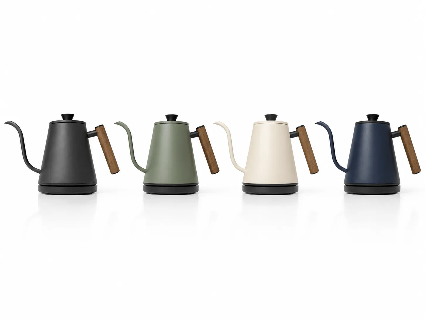 Four gooseneck electric kettles lined up in different colors: black, sage green, cream white, and navy blue.