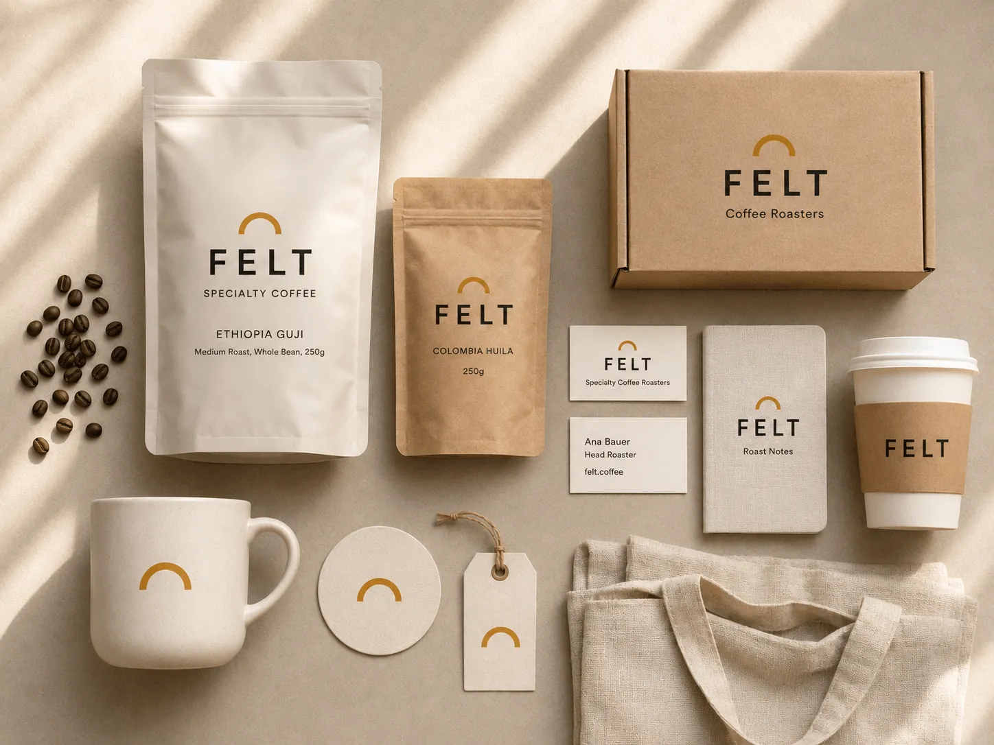 Specialty coffee packaging and merchandise branded with the Felt logo arranged on a neutral beige background.