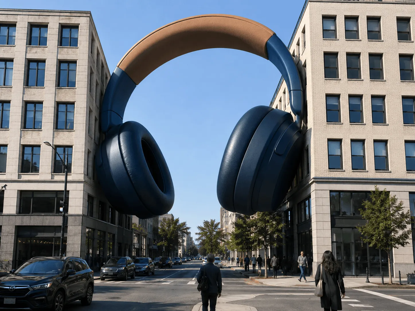 A pair of giant, dark blue over-ear headphones wedged between two city buildings above a busy street