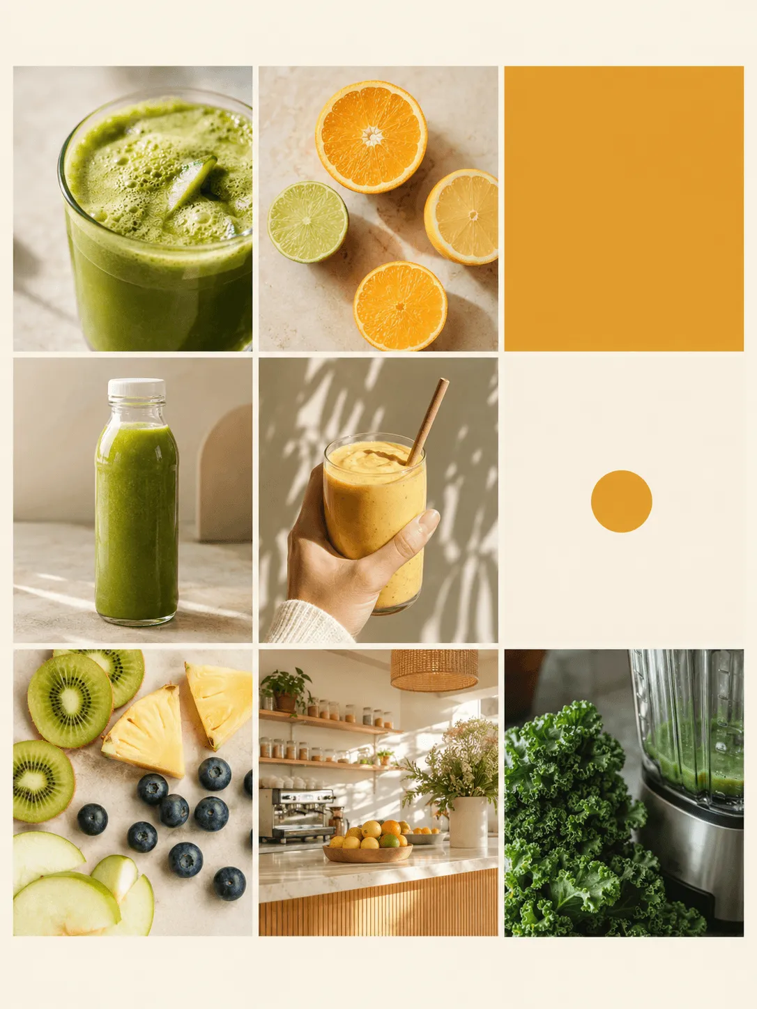 A grid layout featuring green and orange smoothies, fresh citrus fruits, berries, kale, and a bright kitchen interior.