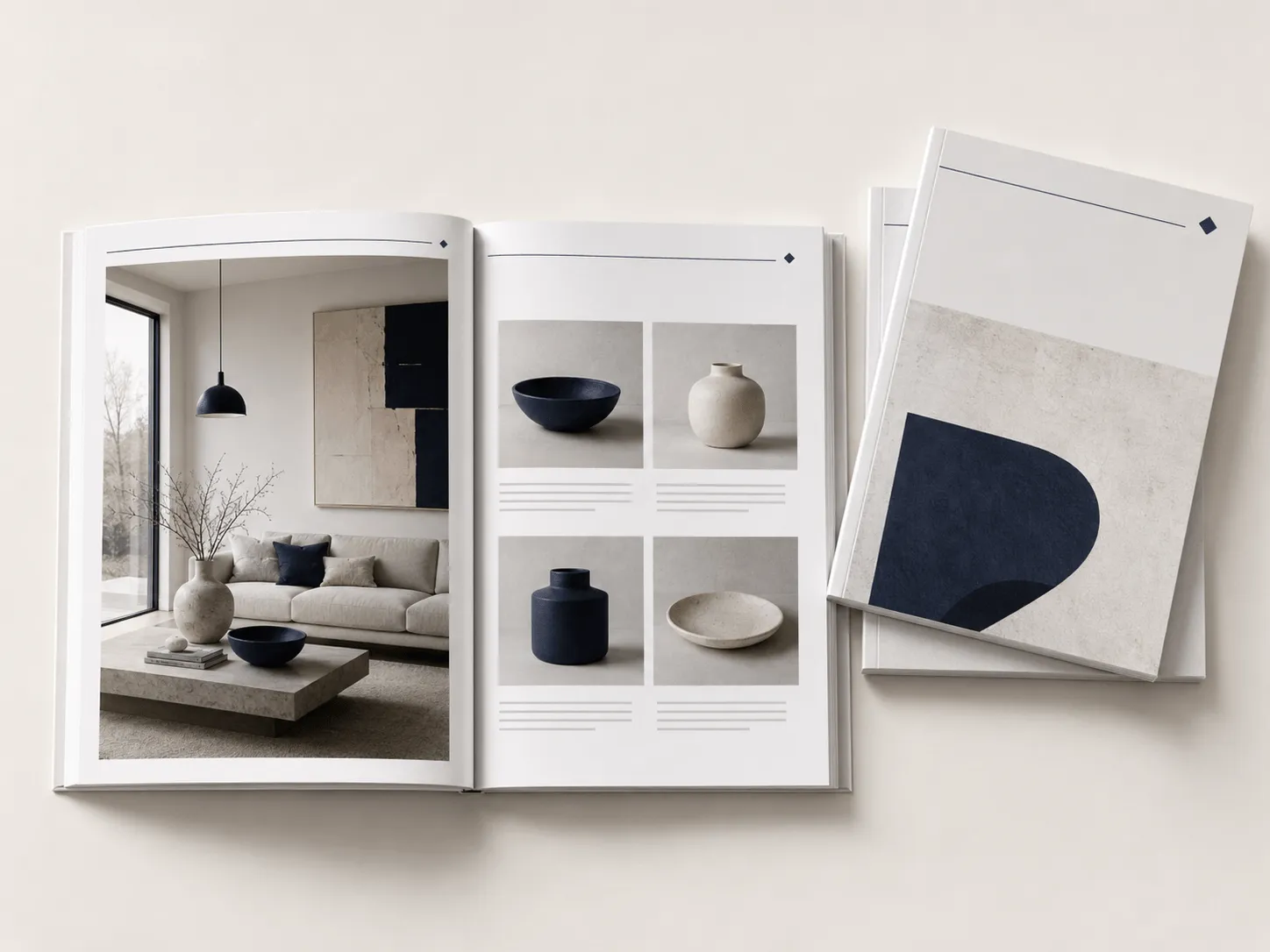 An open catalog showing a modern living room render on one page and ceramic product variants on the other.
