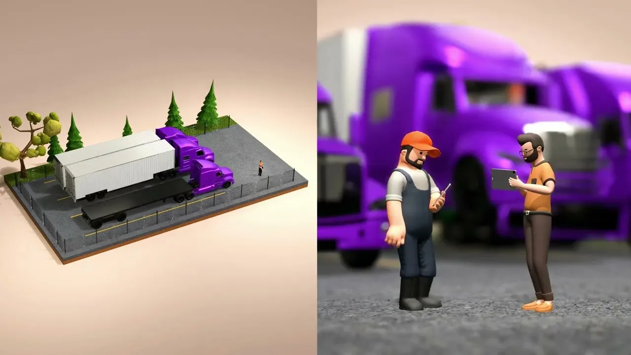 A split screen showing an isometric logistics yard and two 3D characters discussing delivery details next to purple semi-trucks.