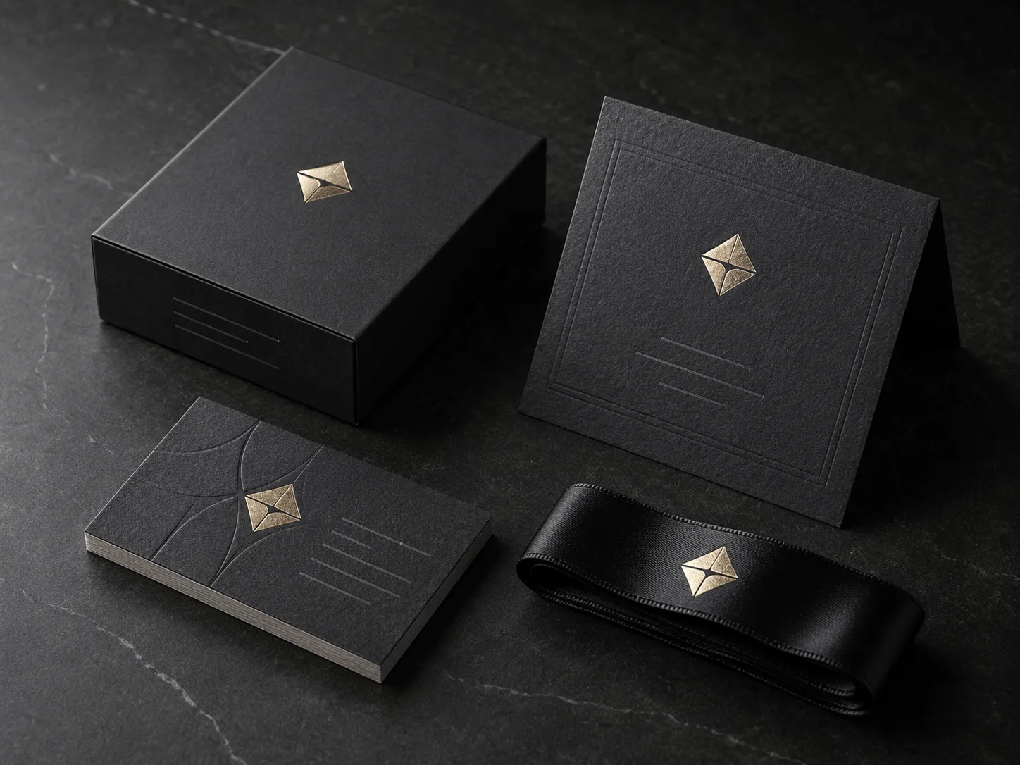 Black stationery mockups including a box, card, and satin ribbon with embossed gold diamond logos on a dark marble surface.