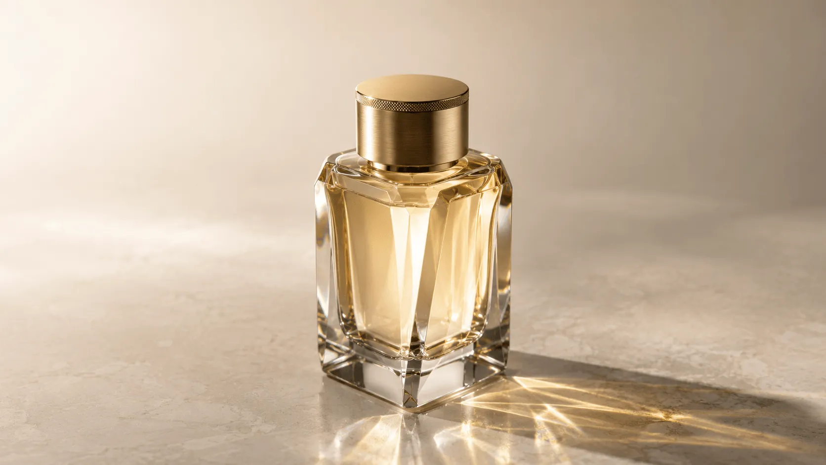 A faceted glass perfume bottle with a gold cap sits on a stone surface, casting warm reflections.