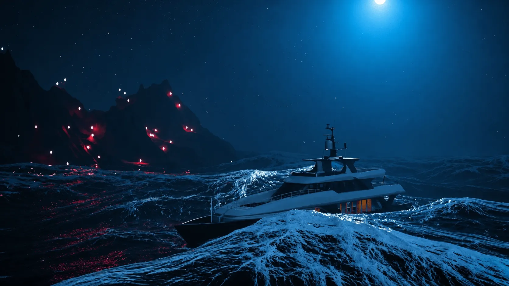 A modern luxury yacht navigates rough ocean waves under a bright moon and starry night sky near a rocky island.
