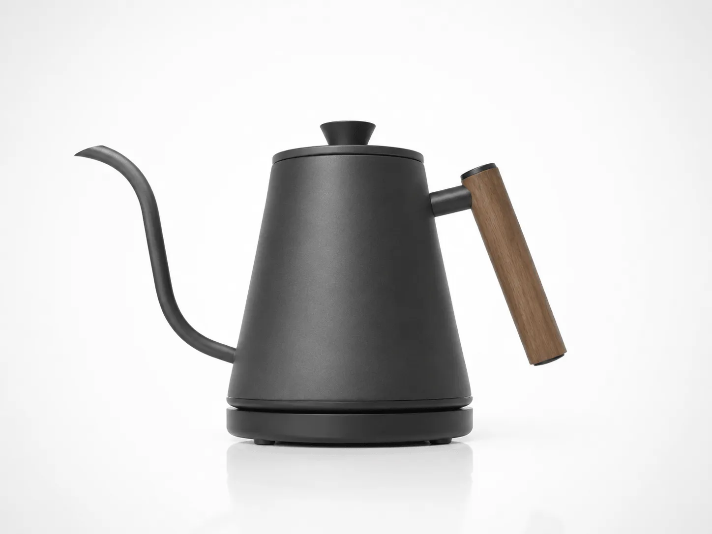 A matte black electric gooseneck kettle with a wooden handle on a white background.