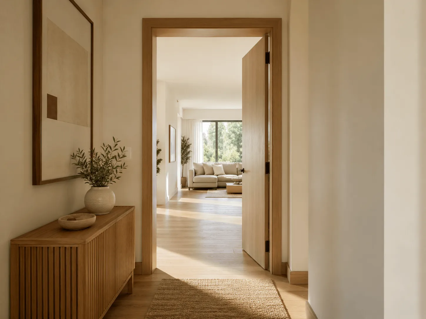 A warm hallway featuring a wooden console table, leading through an open doorway into a sunlit living room.