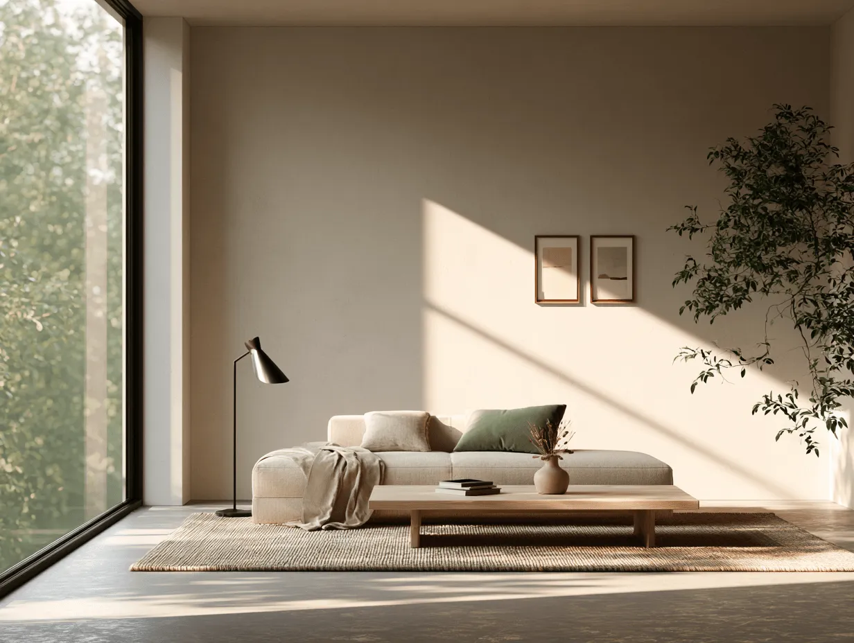 Minimalist living room with a low sofa, wooden coffee table, and large window overlooking trees in soft sunlight.