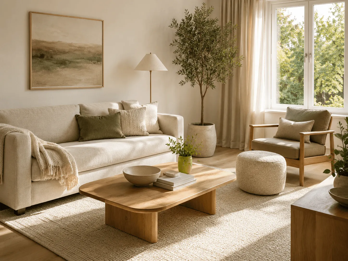 A bright, minimalist living room featuring a beige sofa, wooden coffee table, and an olive tree by a sunlit window.