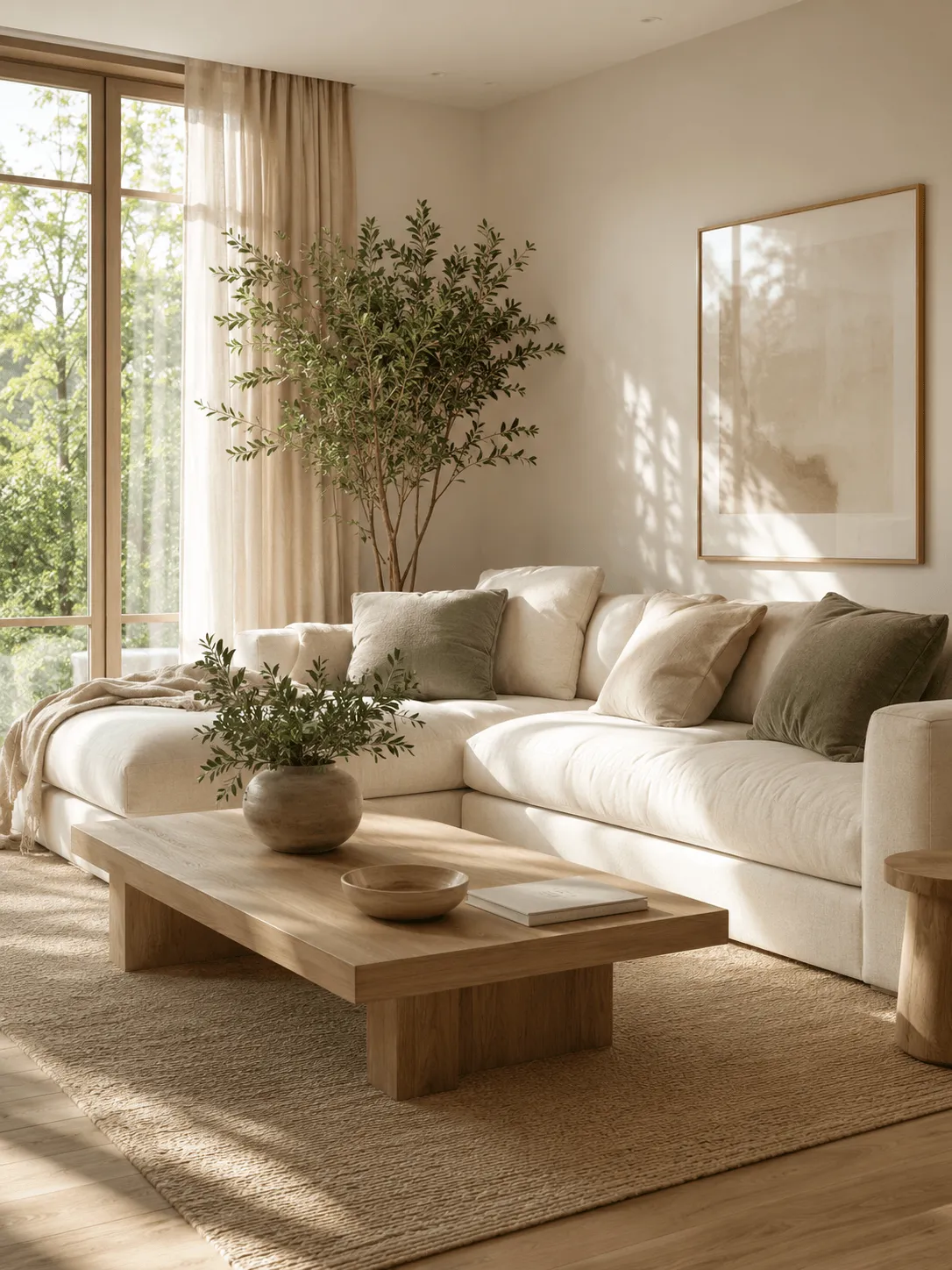 A bright living room with a cream sectional sofa, a wooden coffee table, potted olive trees, and large windows.