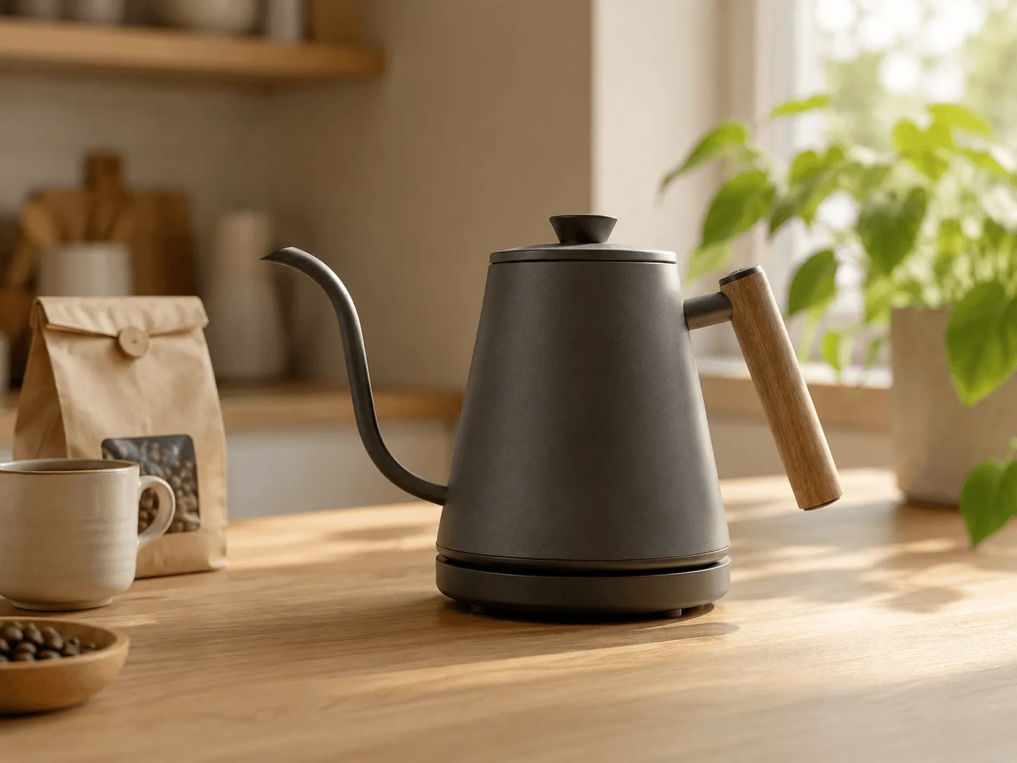 A black gooseneck kettle sits on a wooden kitchen counter next to a bag of coffee beans and a ceramic mug.