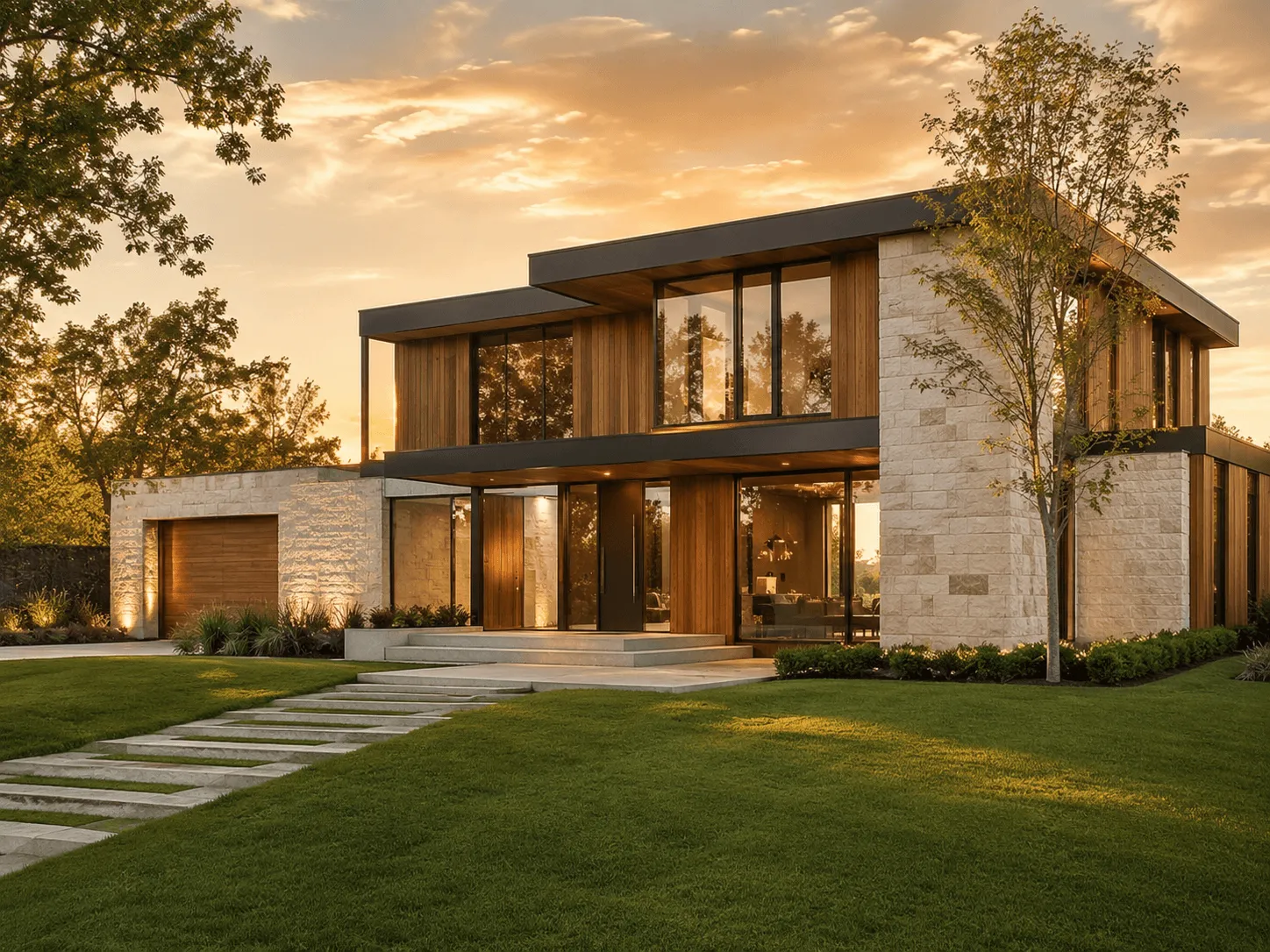 A two-story modern villa with wood panels, stone walls, and large glass windows under a golden sunset sky.