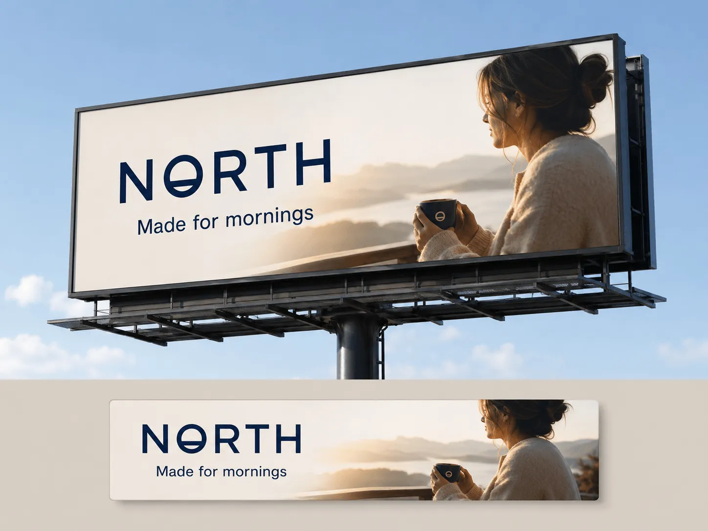 An outdoor billboard advertisement displaying a North brand layout with a woman drinking coffee at sunrise.