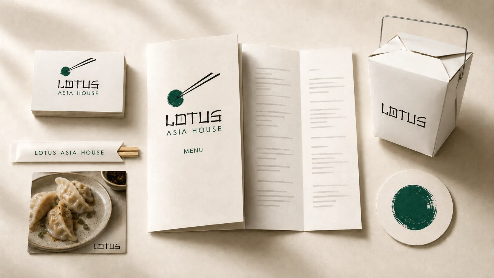Restaurant branding stationery for Lotus Asia House featuring a tri-fold menu, takeout box, business cards, and a dumpling photo.
