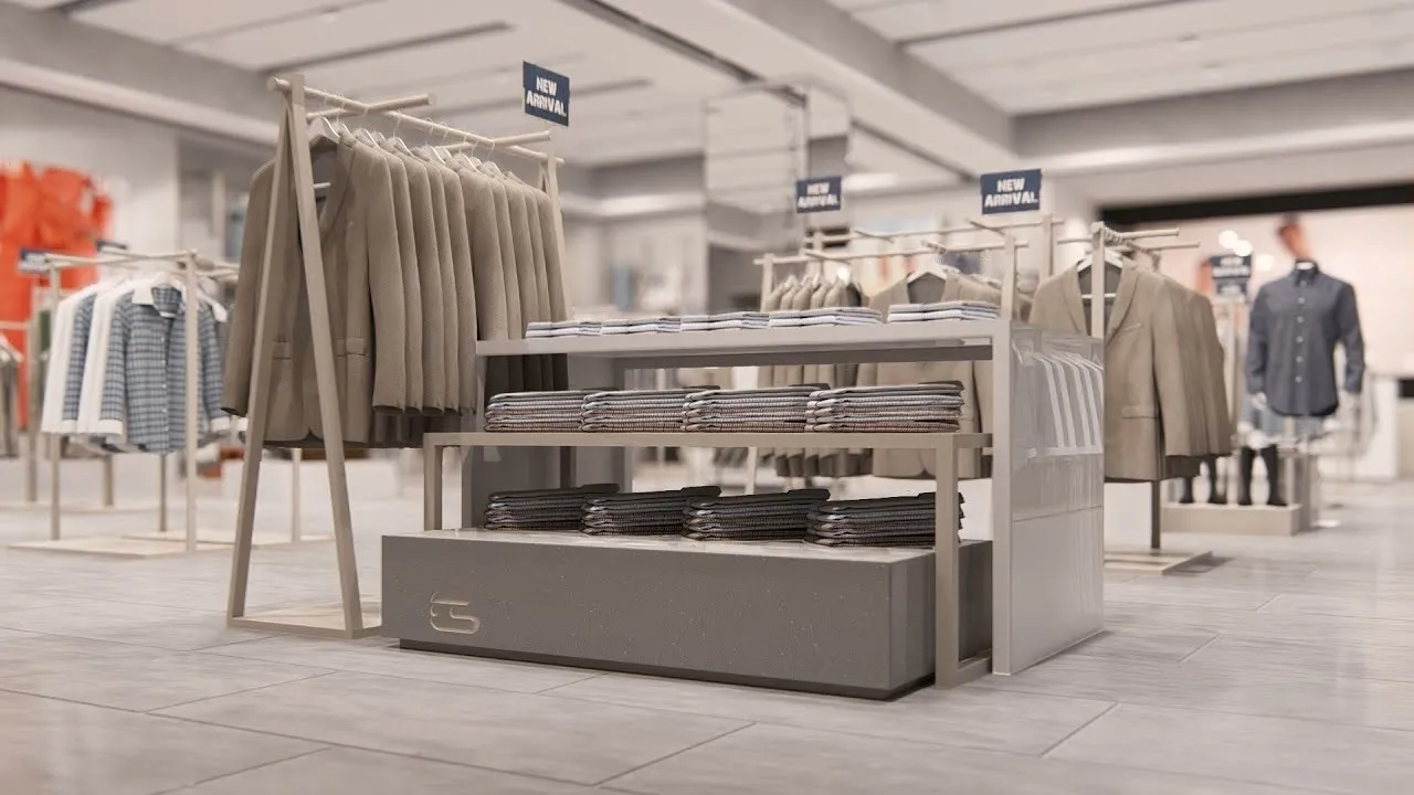 A 3D render of a clothing store interior featuring organized racks of folded shirts and hanging beige blazers.