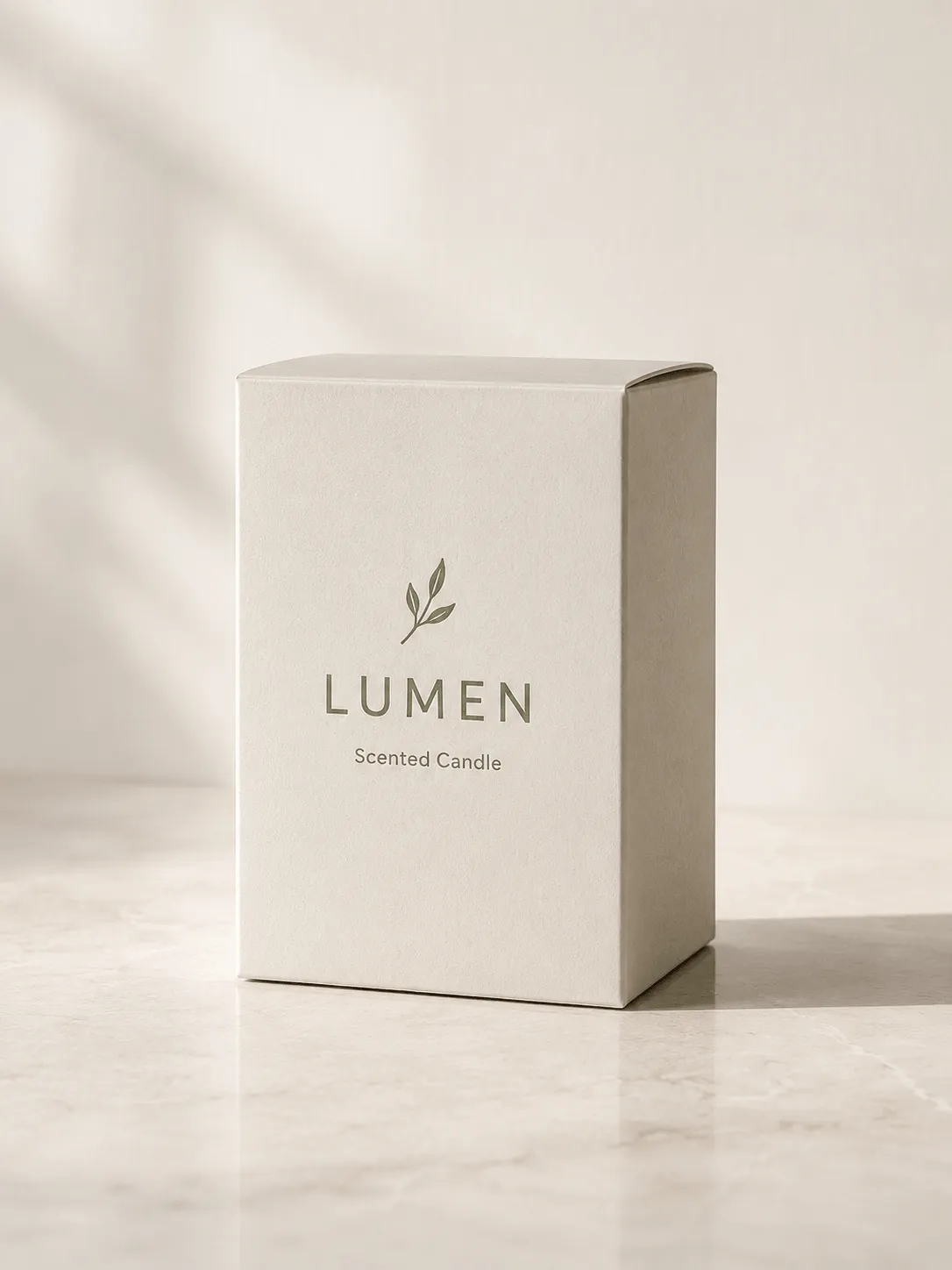 Minimalist beige box for Lumen scented candle standing on a marble surface with soft leaf shadows on the wall