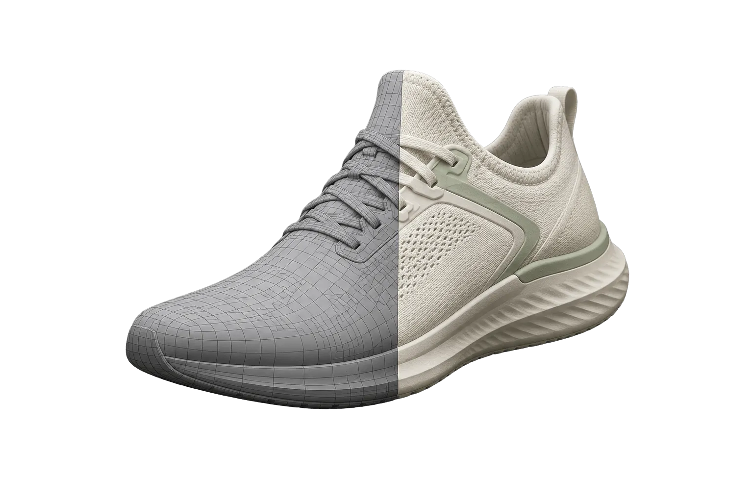 A 3D model of a running shoe showing a split screen of the wireframe mesh and the final textured product.