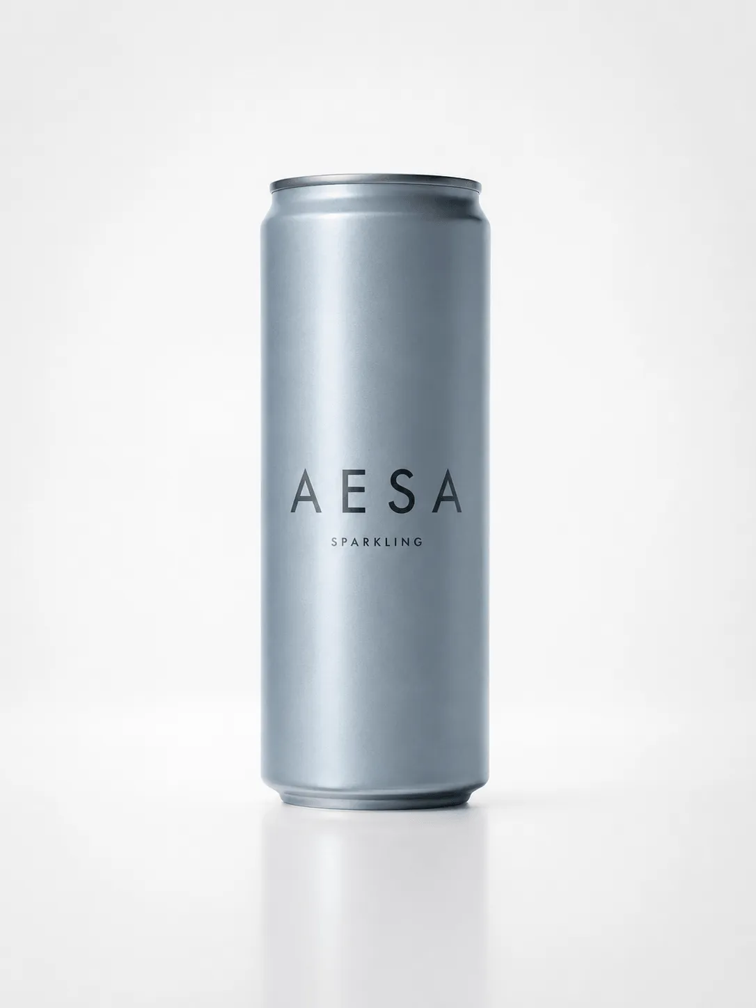 A minimalist matte blue aluminum can labeled AESA Sparkling stands against a clean white studio background.