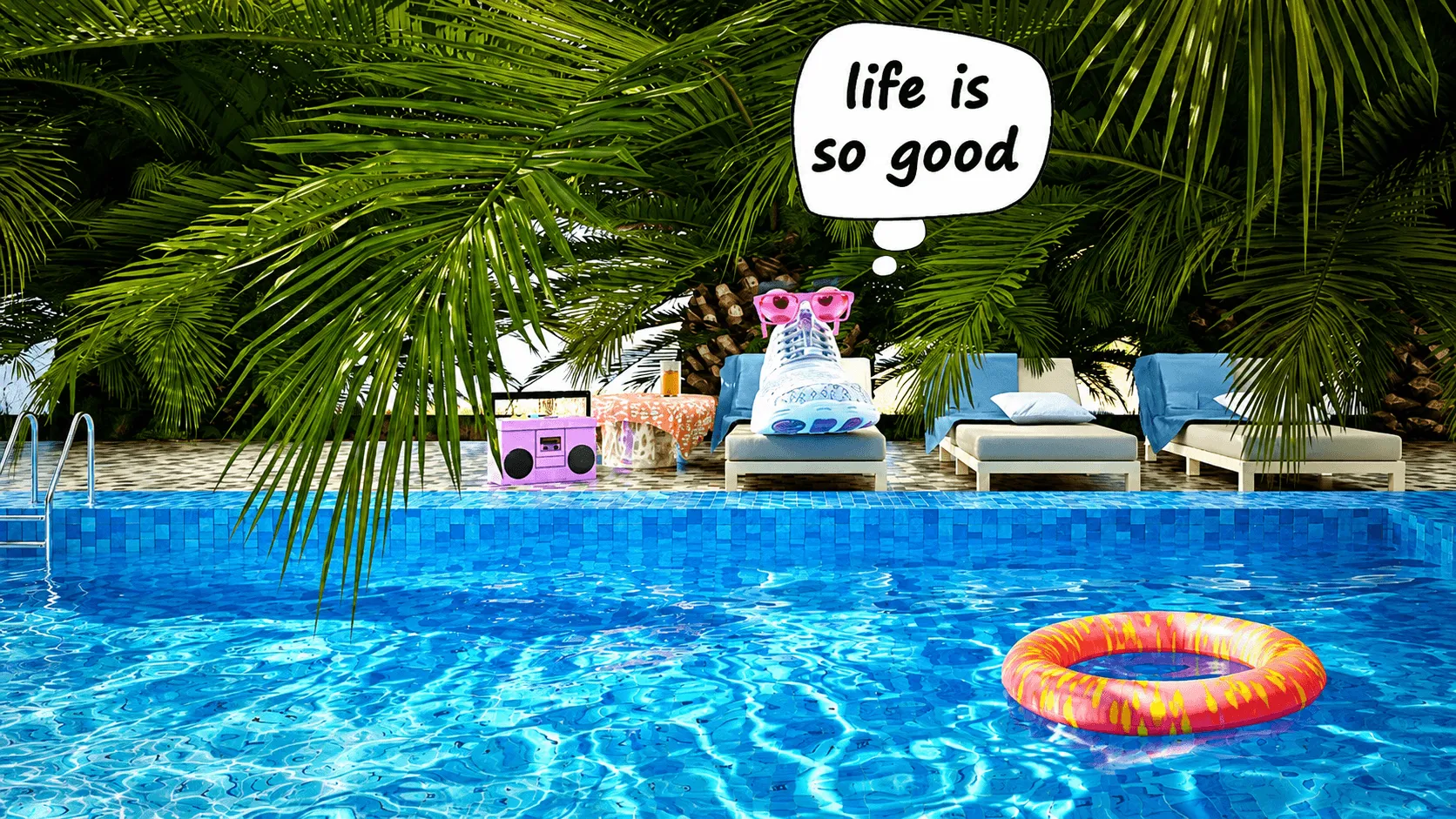 A sneaker wearing pink sunglasses relaxes on a poolside lounge chair next to a boombox and palm trees.