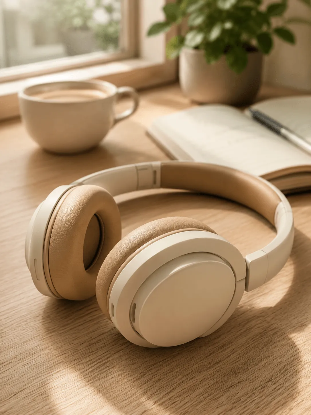 Beige over-ear headphones on a wooden desk next to a coffee mug, an open notebook, and a potted plant by a window.